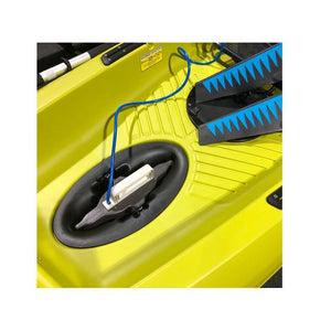Bixpy Fin Pedal Drive Adapter for Kayaks fully inserted into opening in the bright yellow kayak floor.