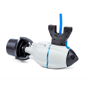 Bixpy Jet Motor Thruster is pictured from a front side view on a white background. The Bixpy Jet Thruster is very light grey with a blue line through the middle where the housing connects. The front end of the under water jet for sale is black as is the propeller and protective cage around the propeller. 