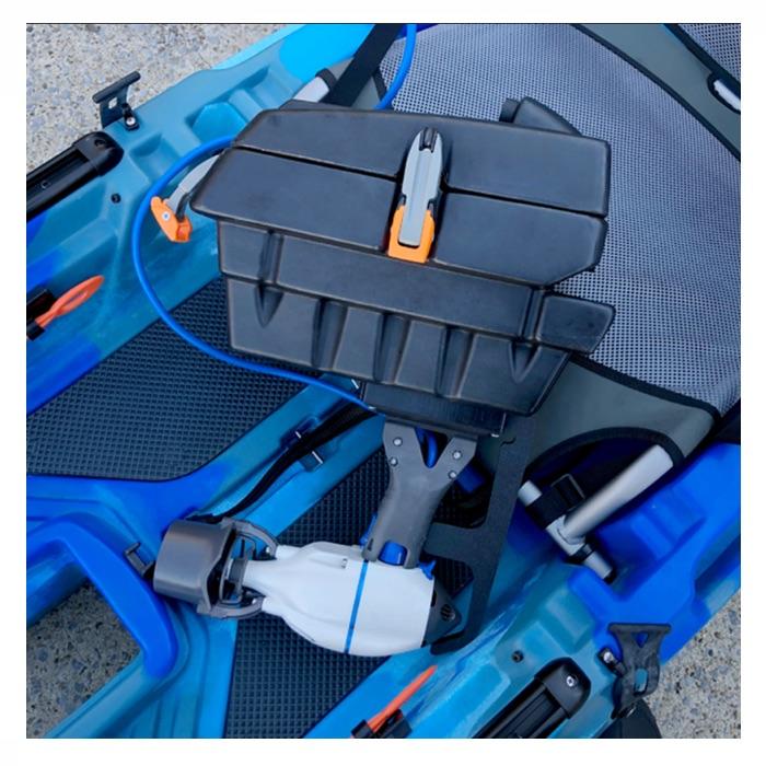 Bixpy Jet Motor Dry Pod Adapter for Feelfree Kayak setup, connected to the Bixpy Jet Motor, sitting on the kayak, ready to be put into the dry pod slot.