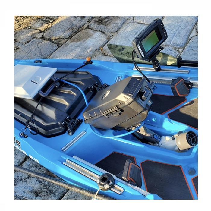 Bixpy Jet Motor Dry Pod Adapter for Bonafide Kayaks ready to slide into place in the kayak.  Dry pod is also attached to a camera.