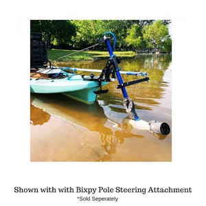 Bixpy Universal Power Pole Kayak Adapter is shown slightly hinged out of  muddy water with the Bixpy Pole Steering Attachment also in place and the Bixpy Jet Motor also in place.  Neither of those items are included in the purchase of the Bixpy Power Pole Adapter.