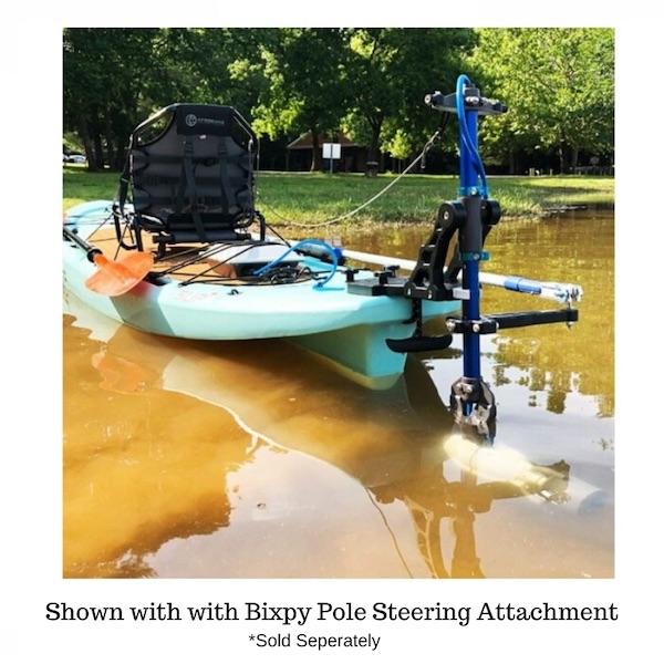 Bixpy Universal Power Pole Kayak Adapter is shown in muddy water with the Bixpy Pole Steering Attachment also in place and the Bixpy Jet Motor also in place.  Neither of those items are included in the purchase of the Bixpy Power Pole Adapter.