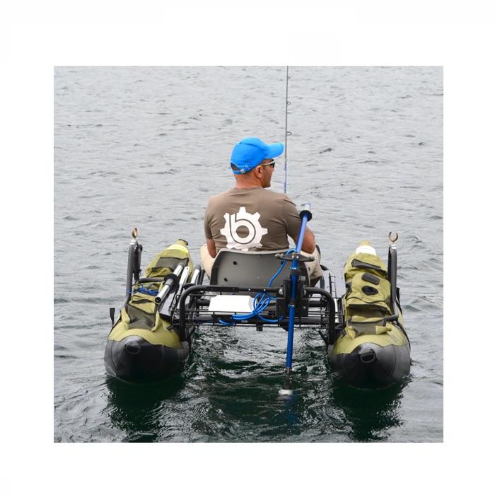 Bixpy Universal Transom Adapter on the water and in use on a personal pontoon.  View is of the rear of the watercraft.