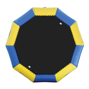 Sky view of the yellow and blue Rave Bongo 13 Water Bouncer with black bounce surface, image on a white background.
