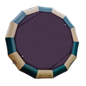 Green and Tan Rave Bongo 20 Water Bouncer Northwoods Edition with 20ft black bounce surface.  Overhead view, image is on a white background. 