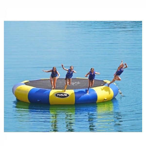 4 kids simultaneously jump off of the Rave Bongo Water Bouncer in to the lake.