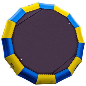 Rave Bongo 20 Water Bouncer with alternating blue and yellow sections of the inner tube with a 20ft black bounce surface.  Image is on a white background. 