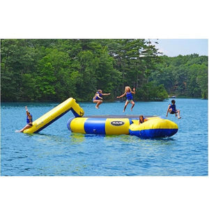 Kids play on the Aqua Slide and Aqua Launch on the Rave Bongo 15 Water Park on the lake.