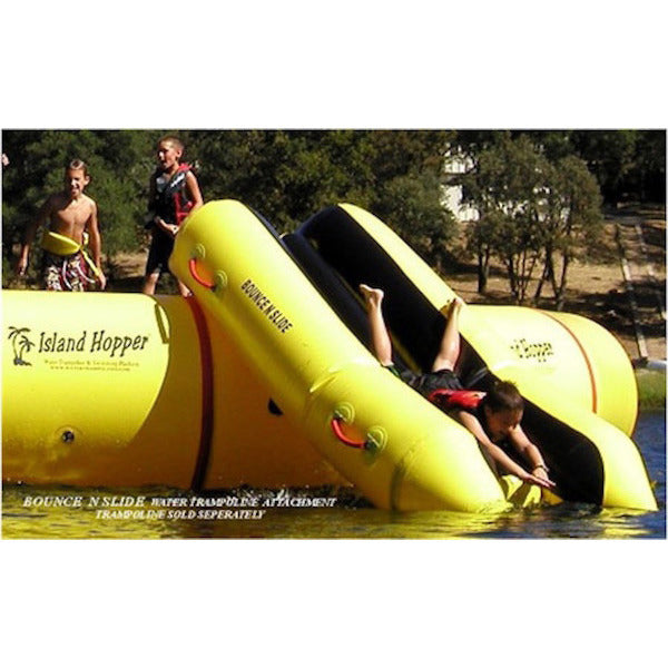 Island Hopper Bounce N Slide Attachment front view with 2 kid waiting on the water trampoline. 