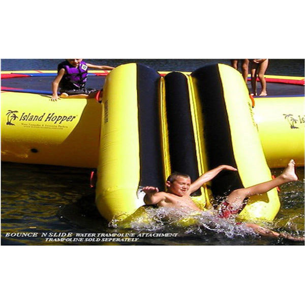 Island Hopper Bounce N Slide Attachment, kid sliding down into the lake.  Front view close up. 