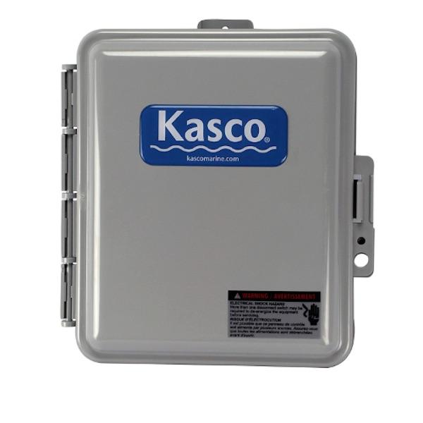 Kasco De Icer C-20 Time and Temperature Control Panel is shown.  The square box is all grey with the blue rectangle on the front that says Kasco in white letters.