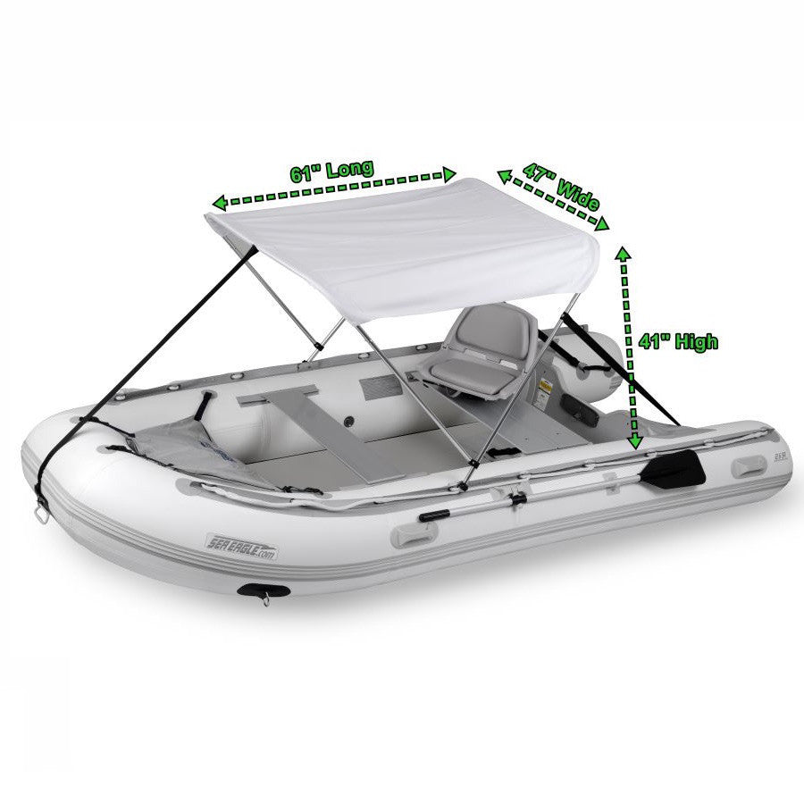 Sea Eagle Sun and Rain Canopy - Dimensions with diagram, canopy shown attached to the inflatable boat with the dimensions next to the canopy.