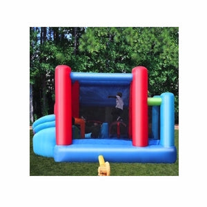 KidWise Celebration Bounce House and Tower Slide | Back view of the KidWise Bouncer outdoors in the backyard.  The KidWise Bounce house is predominantly Royal blue, light blue, and red with some green and orange accents.  KidWise Bouncer banner over the bounce house curved slide.
