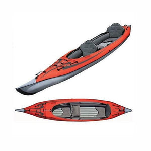 Top view and top/slide display view of the Red Advanced Elements AdvancedFrame Convertible Inflatable Kayak with grey anterior. Image on a white background.