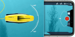 Chasing Dory Underwater Drone for Sale Tilt Lock Mode and Mobile App Control GIF. Yellow Underwater Drones with Camera on a blue/teel water background.  There is a GIF of the yellow underwater drone for sale moving up down the 45 degrees of angles.  There is another GIF on the right of the mobile app being used on an iPhone.  The underwater drone for sale and underwater drone with camera app GIF move in sync with each other.