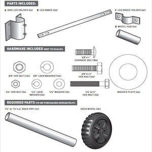 This shows all of the parts that are included with the Dock Edge Dock Wheel Axel Kit
