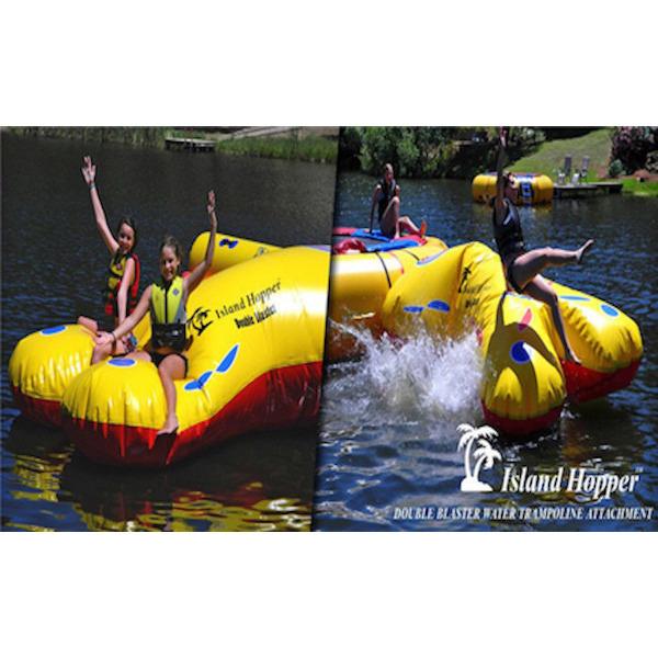 Cross section view of kids playing on the Island Hopper Double Blaster Water Trampoline Attachment, front right view and front left view. 