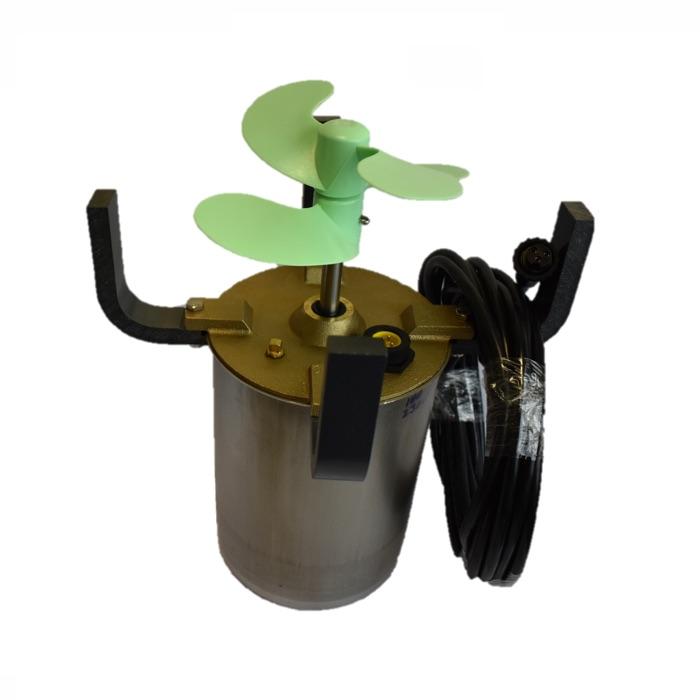 Bearon Aquatics P750DP and P1000DP Dual Propeller Surface Aerator Motor Assembly Kit with light green double propeller attached to the motor canister with brackets attached and power cord hanging from 1 of 4 brackets.