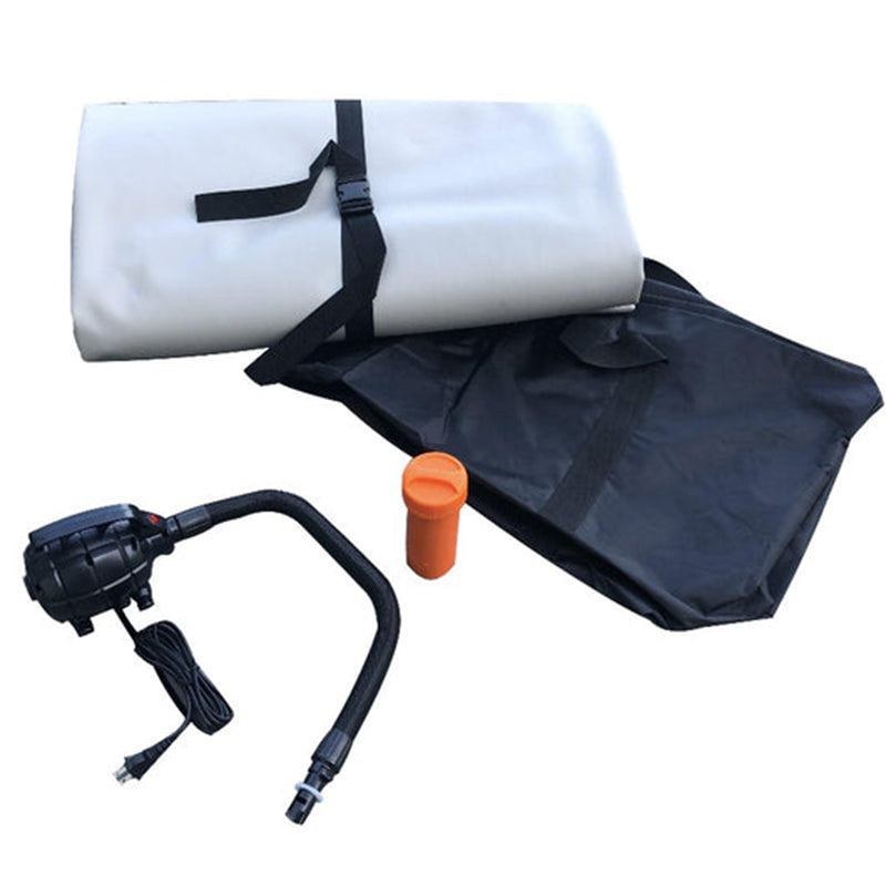 NautiCurl NautiPad Inflatable Swim Mat kit inclusions are: folded, Inflatable Swim Pad, Grenade 120V Electric Pump, Duffle Storage Bag, Repair Kit