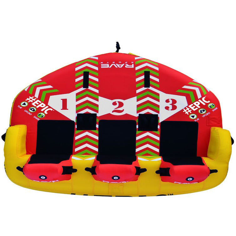 Top view of the RAVE #Epic 3 Person Towable Boat Tube.  Red, yellow, and white design with black padded seats for 3 riders 