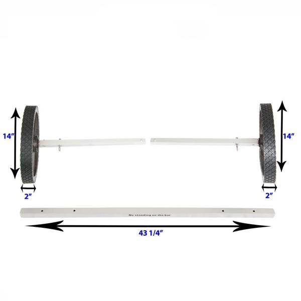 Sea Eagle EZ Cart - Wide details, diagram, and dimensions.  Close up view of the EZ Cart with 2 inch black tires and aluminum frame. 