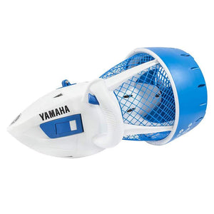 Yamaha Explorer Seascooter is shown from a left side view.  The Explorer Sea Scooter is white and blue.  The body is white, the fan cover is blue as is a latch on the body of the Yamaha Explorer Sea Scooter.  In black letters it also says Yamaha Explorer
