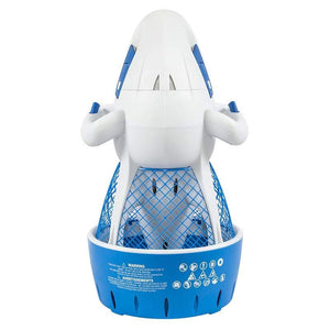 Yamaha Explorer Seascooter under view.  The underside of the Explorer Sea Scooter is mostly white.  The fan cover base is  blue and has white lettering on it.