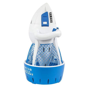 Yamaha Explorer Seascooter upright left hand side view.  The fan cover, which is the base when positioned like this, is blue and also has a blue screen cover.  The body is white and there is black lettering that says Yamaha Explorer Sea Scooter.
