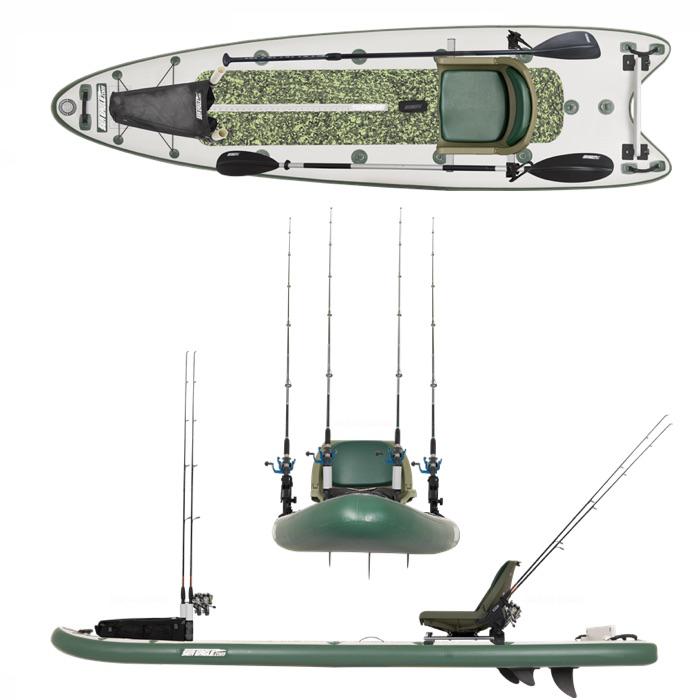 Sea Eagle FishSUP 126 Inflatable SUP top view, side view, front view.  You can clearly see the green and white design along with the black paddle and fishing rod mounts.  The Sea Eagle Inflatable Fishing SUP is shown from all angles.