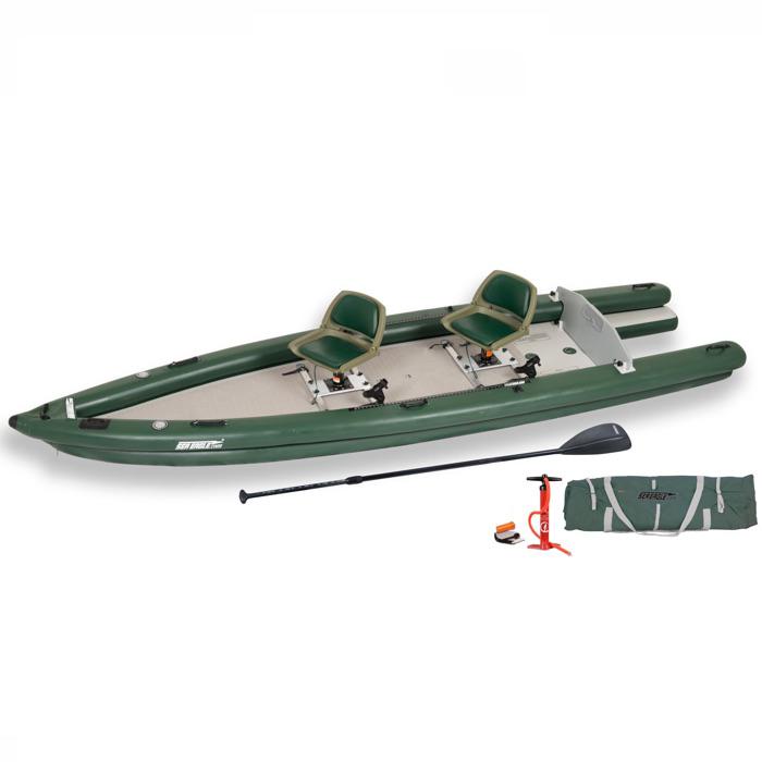 Sea Eagle FishSkiff 16 Inflatable Fishing Skiff top and side display view with the bag and pump sitting next to the Sea Eagle inflatable kayak. 