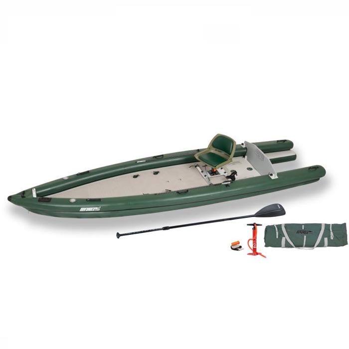 Sea Eagle FishSkiff 16 Inflatable Fishing Skiff top and side display view with the bag and pump sitting next to the Sea Eagle fishskiff.  Green hull and seat with grey floor and highlights. 
