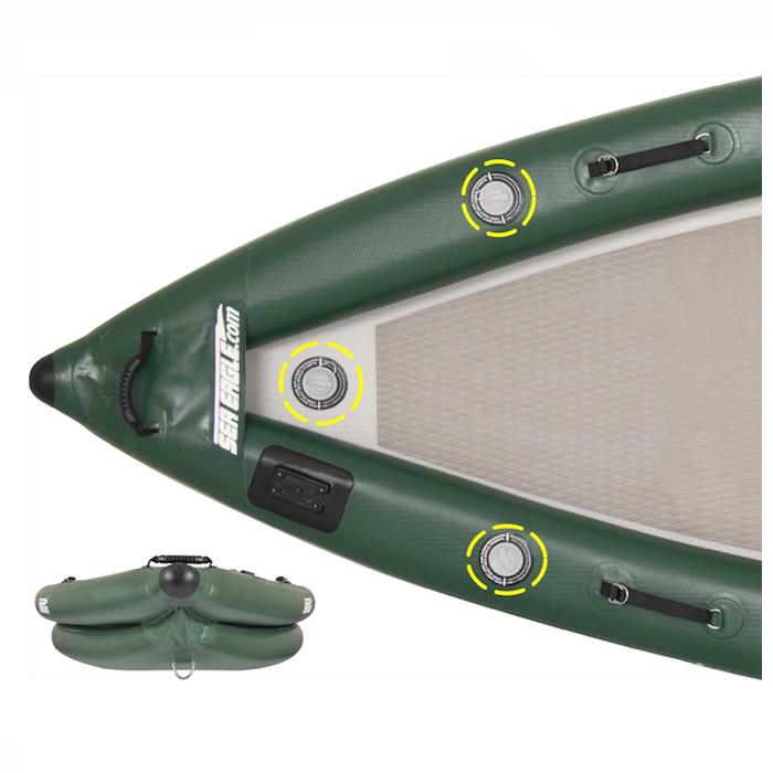 Sea Eagle FishSkiff 16 Inflatable Fishing Skiff nose close up, top view and front view. 