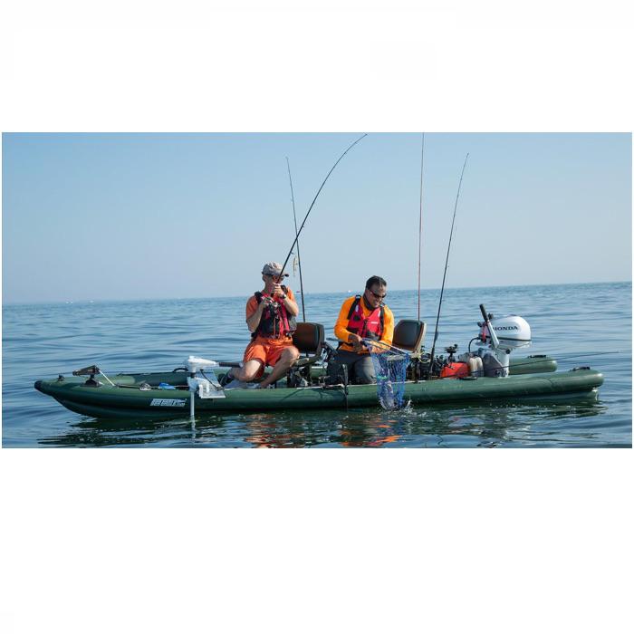 Sea Eagle FishSkiff 16 Inflatable Fishing Skiff on the water with 2 men fishing. 