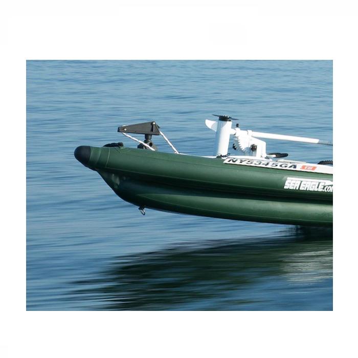 Sea Eagle FishSkiff 16 Inflatable Fishing Skiff nose close up while out on the water moving across the lake. 