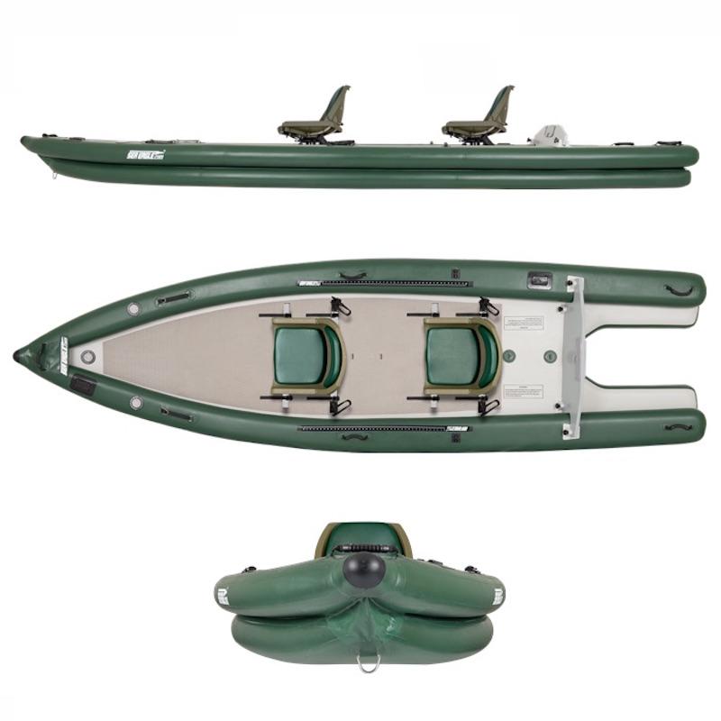 Sea Eagle FishSkiff 16 Inflatable Fishing Skiff - side view, top view, front view. 