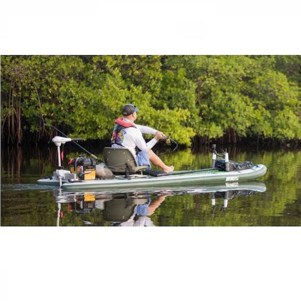 Sea Eagle FishSUP 126 Inflatable SUP sitting down fishing on the river. 