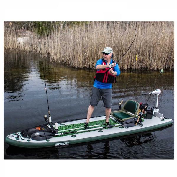 Sea Eagle FishSUP 126 Inflatable SUP in use fishing out on a pond. Great shot of the Sea Eagle Angler SUP in action.
