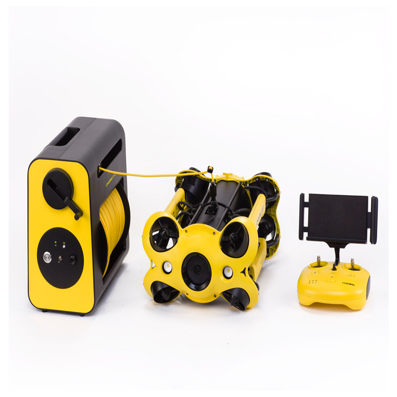 Chasing M2 underwater drone is pictured front the front. The body is yellow and the inside portions are black. You can see the camera and propeller fans.