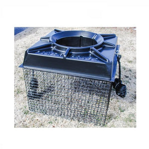 Float Cage for Power House Aerator.  Shown here fully setup with black aerator cover on top, sitting on yellow, dormant grass.
