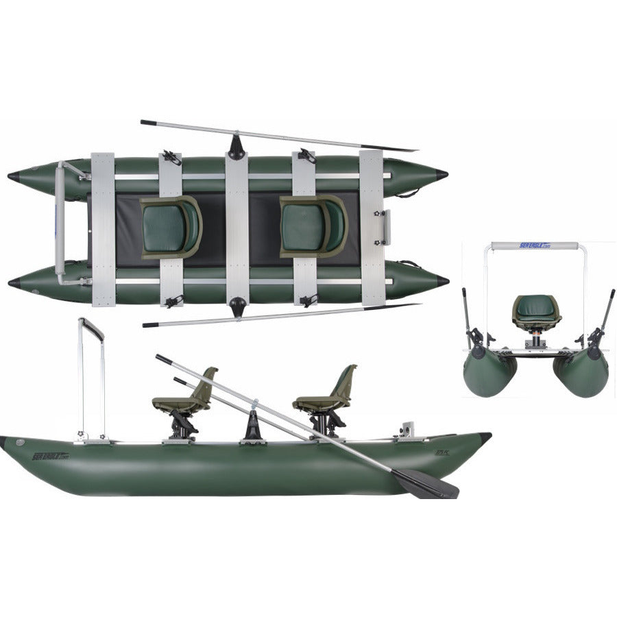 Sea Eagle 375 FoldCat Inflatable Pontoon Fishing Boat top view, side view, and front view. 