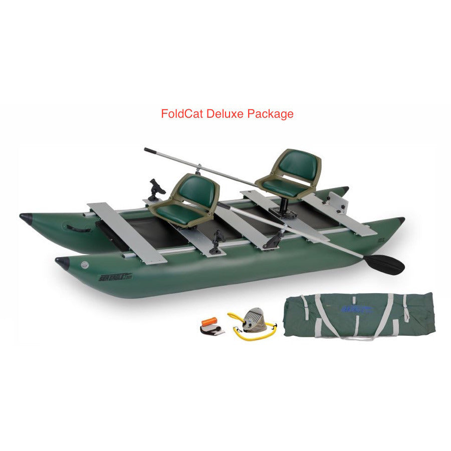 Sea Eagle 375 FoldCat Inflatable Pontoon Fishing Boat top view of the fully setup green inflatable pontoon boat with 2 seats and the casting bar.  Top side view also of just the inflatable pontoon frame.  The hunter green pontoons on the Fold Cat 375 are shown with the aluminum planks across to stabilize the 2 Person Sea Eagle Pontoon Inflatable Fishing Boat.