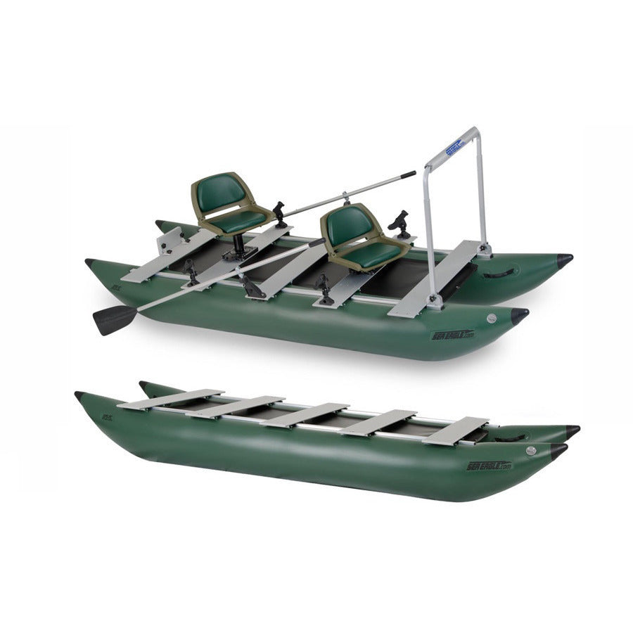 Sea Eagle 375 FoldCat Inflatable Pontoon Fishing Boat top view of the fully setup green inflatable pontoon boat with 2 seats and the casting bar.  Top side view also of just the inflatable pontoon frame.  The hunter green pontoons on the Fold Cat 375 are shown with the aluminum planks across to stabilize the 2 Person Sea Eagle Pontoon Inflatable Fishing Boat.