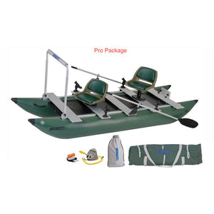 Sea Eagle 375 FoldCat Inflatable Pontoon Fishing Boat Pro package top and side display view with the bag and pump sitting next to the Sea Eagle inflatable fishing boat.  The Inflatable Pontoon Fishing Boat is show here as the FoldCat 375 Pro Package.