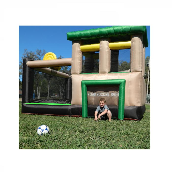 Island Hopper Fort All Sport Bounce House Soccer Goal Outside View on the Lawn, Kid playing goalie.