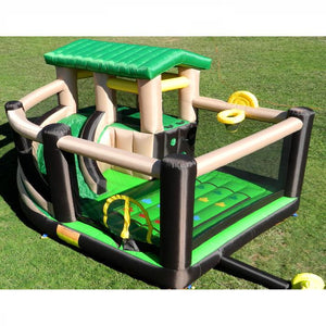 Island Hopper Fort All Sport Bounce House.  Top display view green, black and tan color scheme with yellow highlights.  