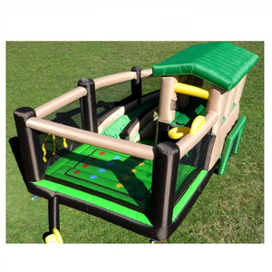 Island Hopper Fort All Sport Bounce House Top Overview on the lawn.  Green, Tan, Black, and Yellow color scheme.  Basketball goal, bounce floor, soccer goal, lookout tower, inflatable. The Ft. All Sport Jump House is considered to possibly be the best bounce house.