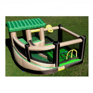 Island Hopper Fort All Sport Bounce House back overview.  Green, black, yellow, and tan color scheme outside on the lawn