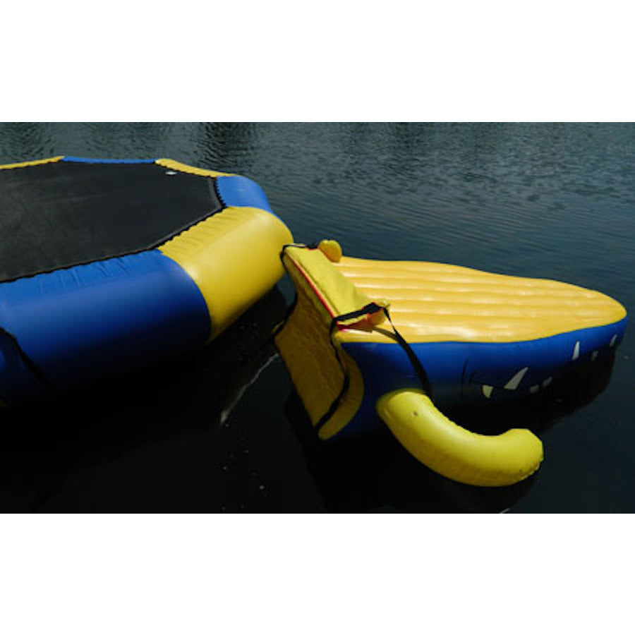 Closeup showing the ease of attaching the Island Hopper Gator Monster Head Slide Water Trampoline Attachment to any water trampoline. 