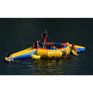 Island Hopper Gator Monster Tail Platform Water Trampoline Attachment.  Kids playing on the inflatable water park out on the lake. 