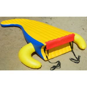 Island Hopper Gator Monster Tail Platform Water Trampoline Extra sitting on the beach ready to be attached. 
